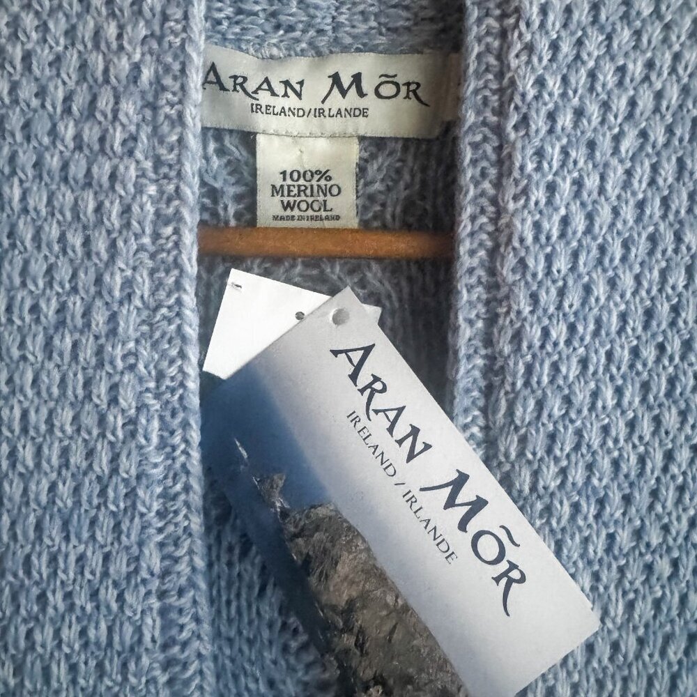 Aran Mor Merino Wool Cable Knit Blue Open Front Cardigan XL - Picture 5 of 6